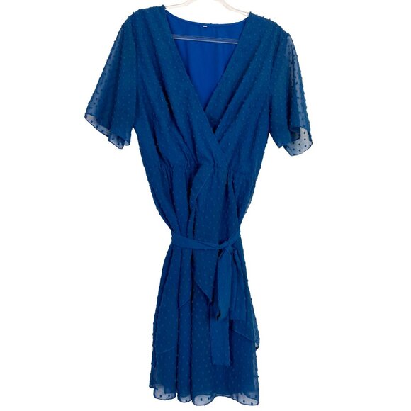 Blue Wrap Dress Swiss Dot XL Boho Western Prairie Classic Seventies Feminine Y2K - Picture 1 of 5